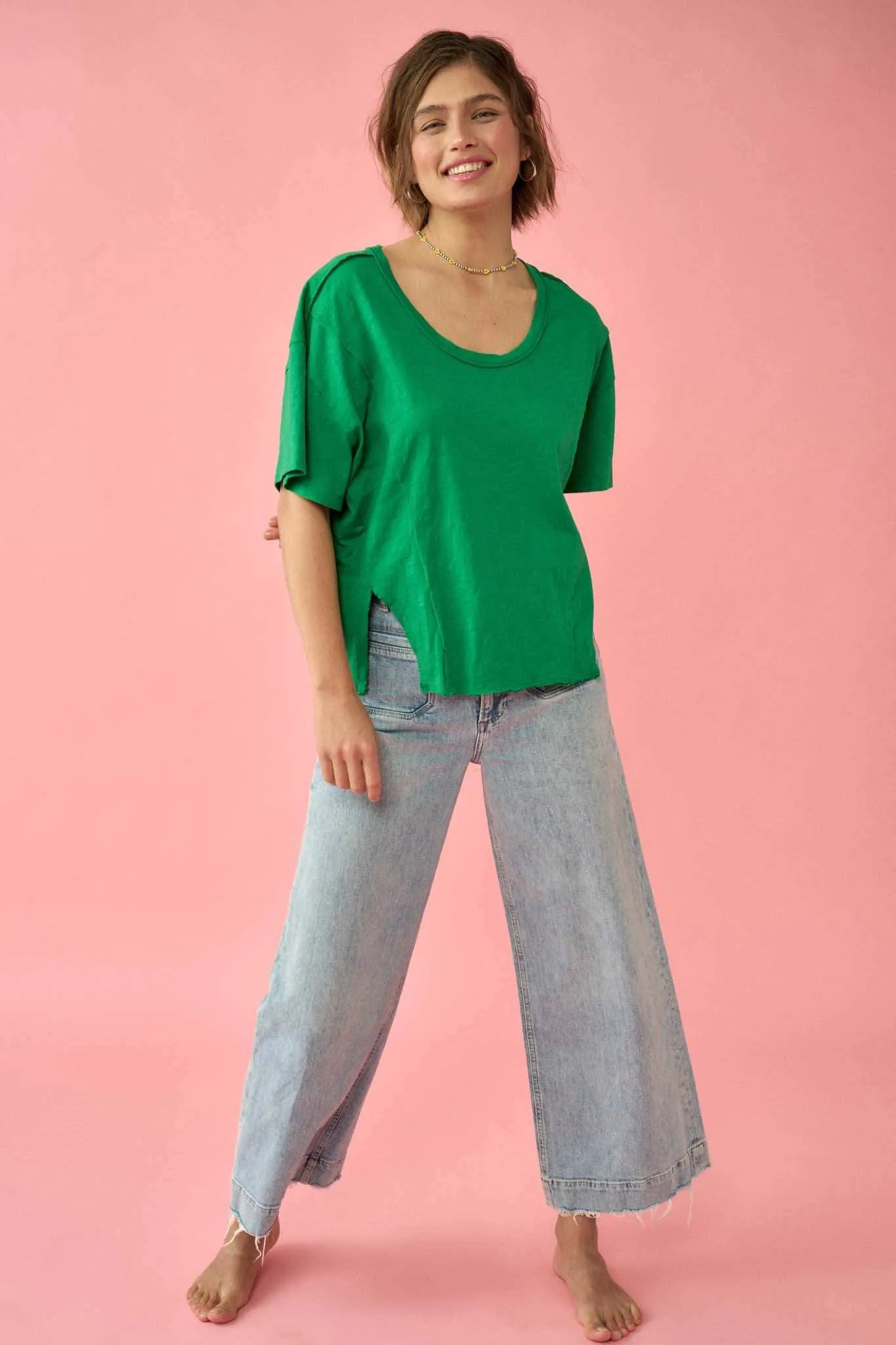 Easy Fit Vintage-Wash Slub Cotton Split-Hem Tee