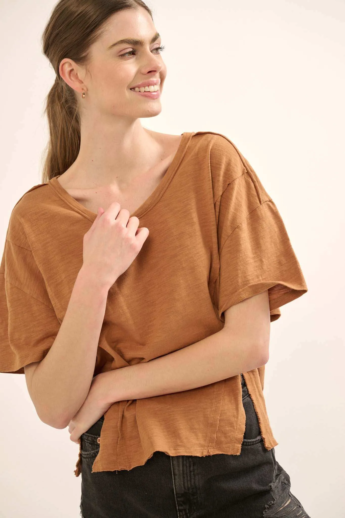 Easy Fit Vintage-Wash Slub Cotton Split-Hem Tee