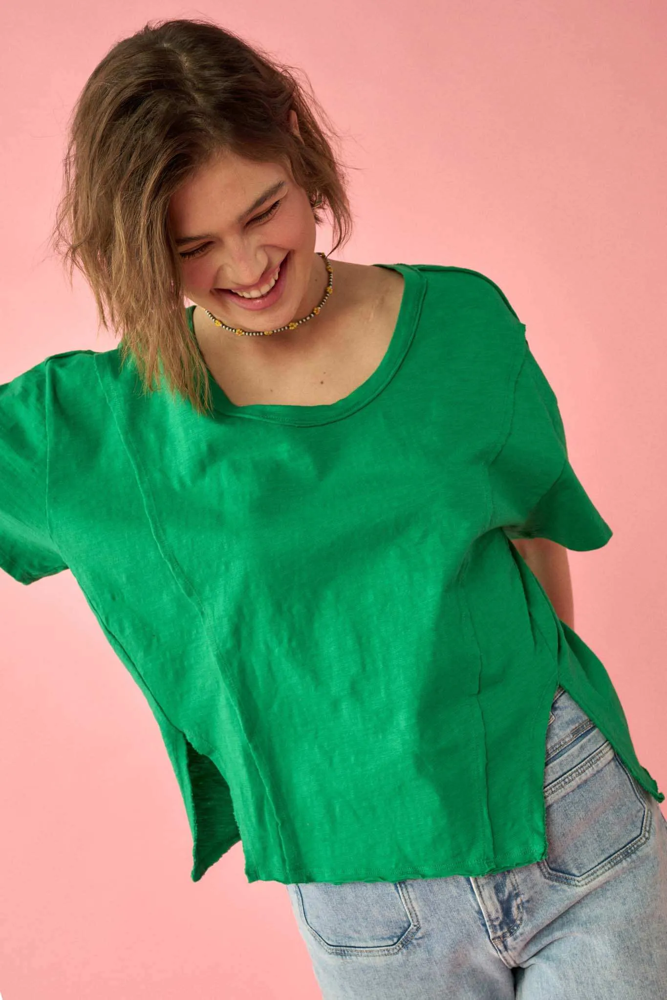 Easy Fit Vintage-Wash Slub Cotton Split-Hem Tee