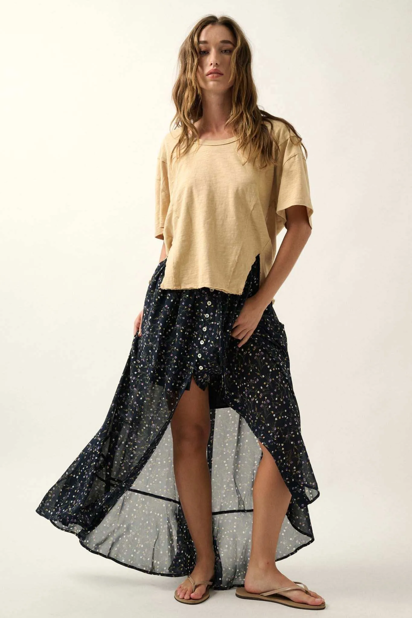 Easy Fit Vintage-Wash Slub Cotton Split-Hem Tee