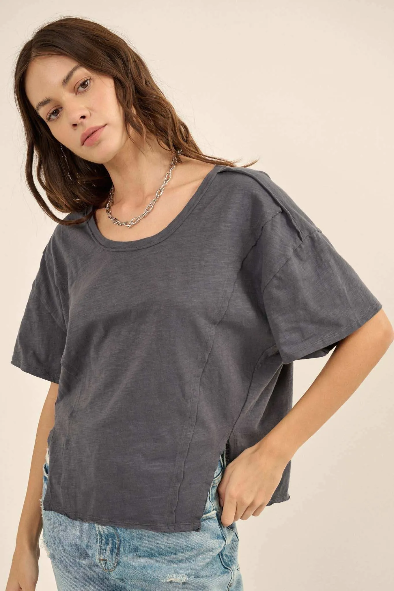 Easy Fit Vintage-Wash Slub Cotton Split-Hem Tee