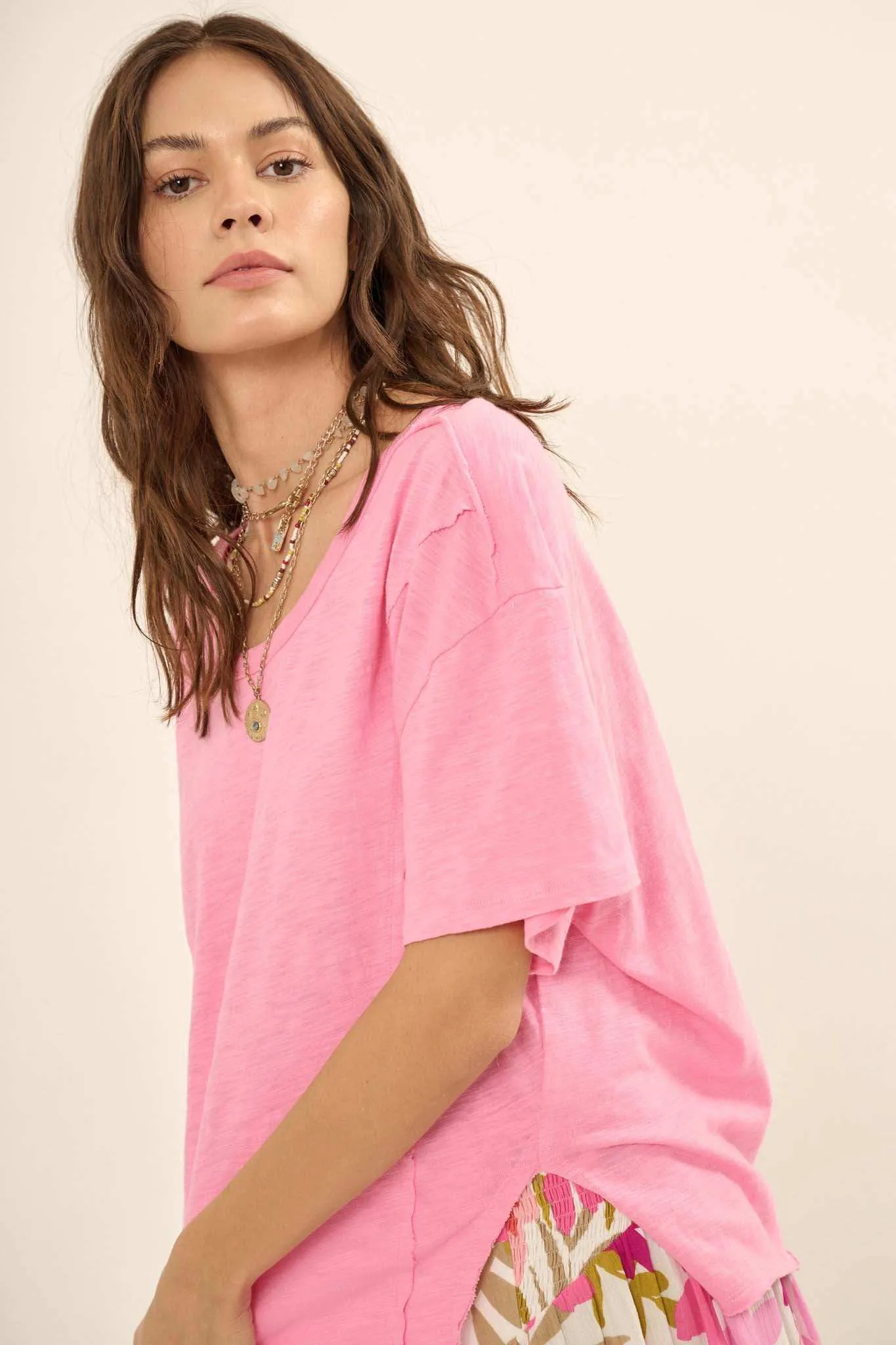 Easy Fit Vintage-Wash Slub Cotton Split-Hem Tee