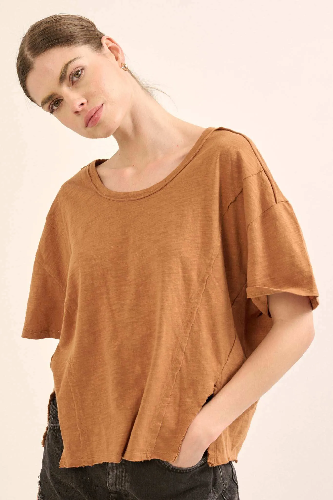 Easy Fit Vintage-Wash Slub Cotton Split-Hem Tee