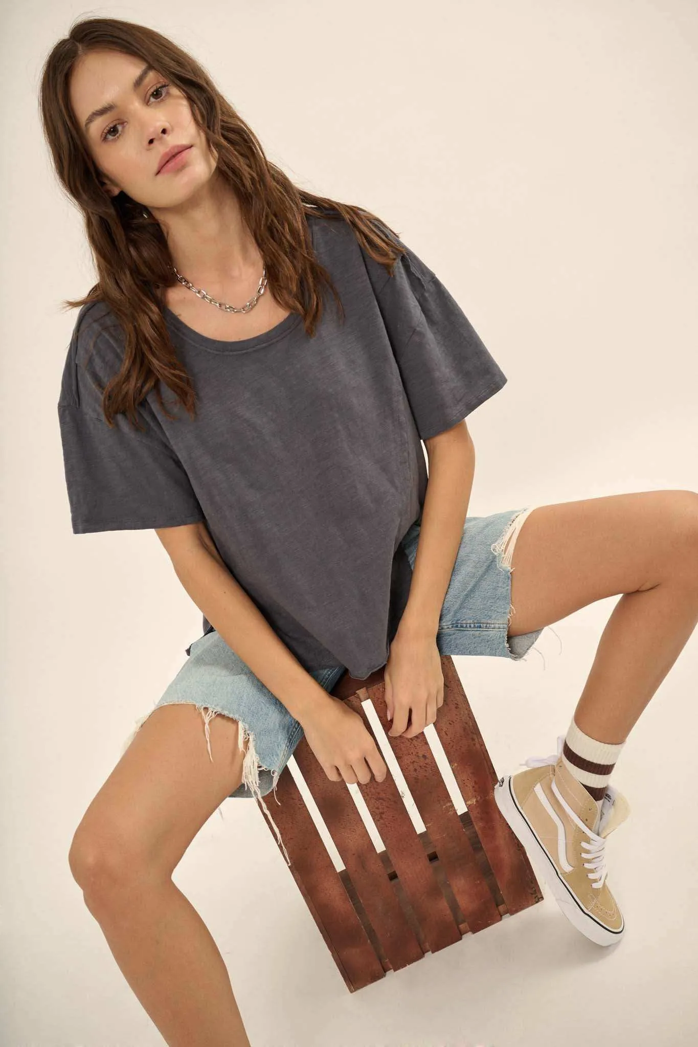 Easy Fit Vintage-Wash Slub Cotton Split-Hem Tee