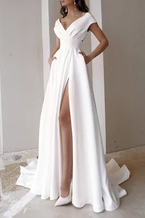 Elegant & Stylish Classic Solid Slit Fold V Neck Evening Dress Dresses