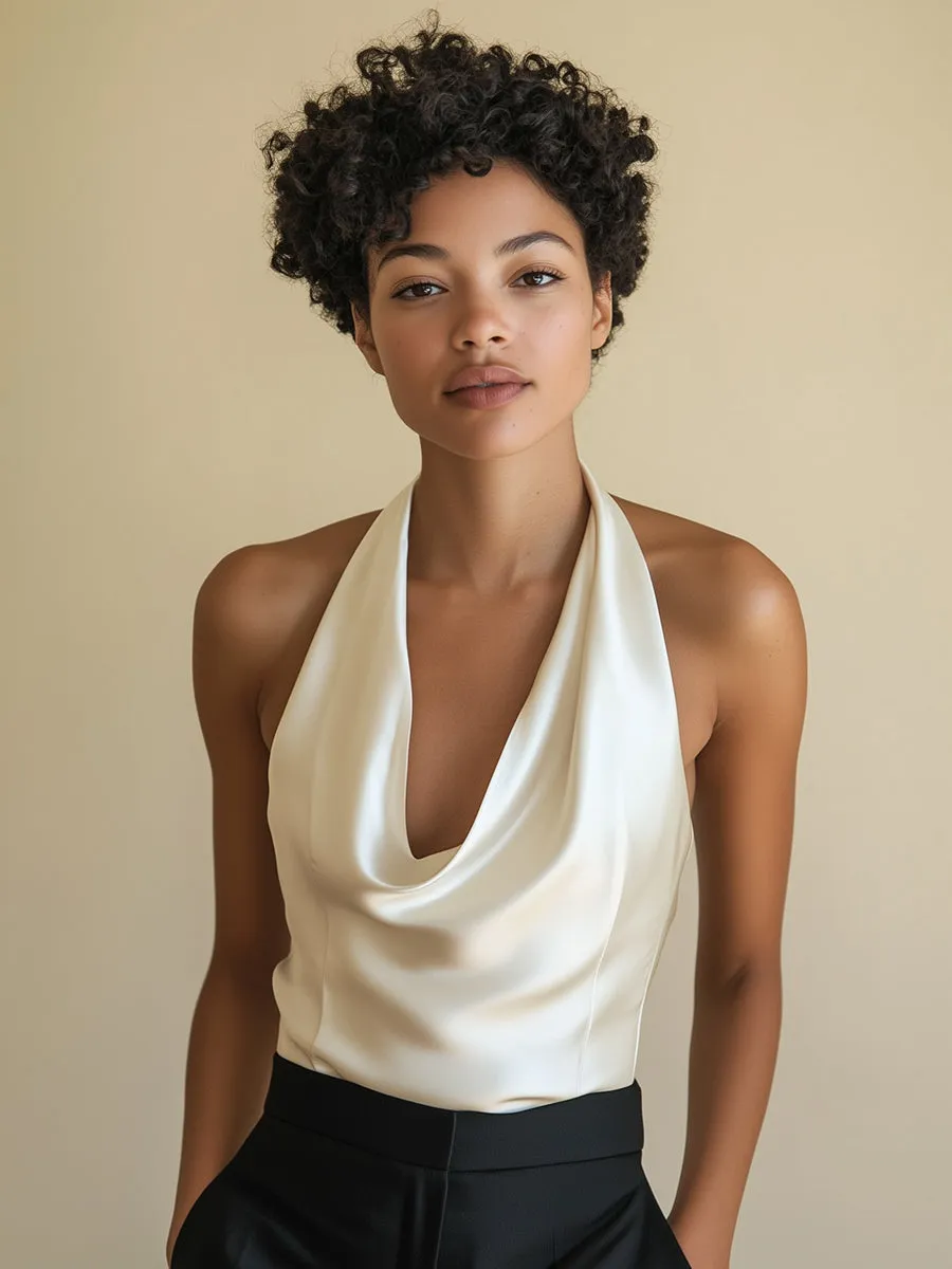 Elegant and Fashionable Beige Satin Sway Collar Blouse