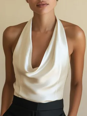 Elegant and Fashionable Beige Satin Sway Collar Blouse