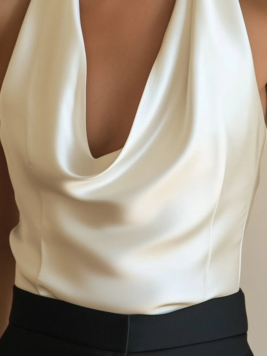 Elegant and Fashionable Beige Satin Sway Collar Blouse