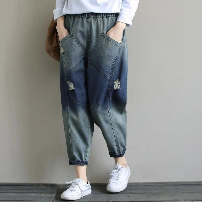 Elegant Spring Casual Pants Stylish Denim Dark Blue Shape Elastic Waist Hole Wild Pants