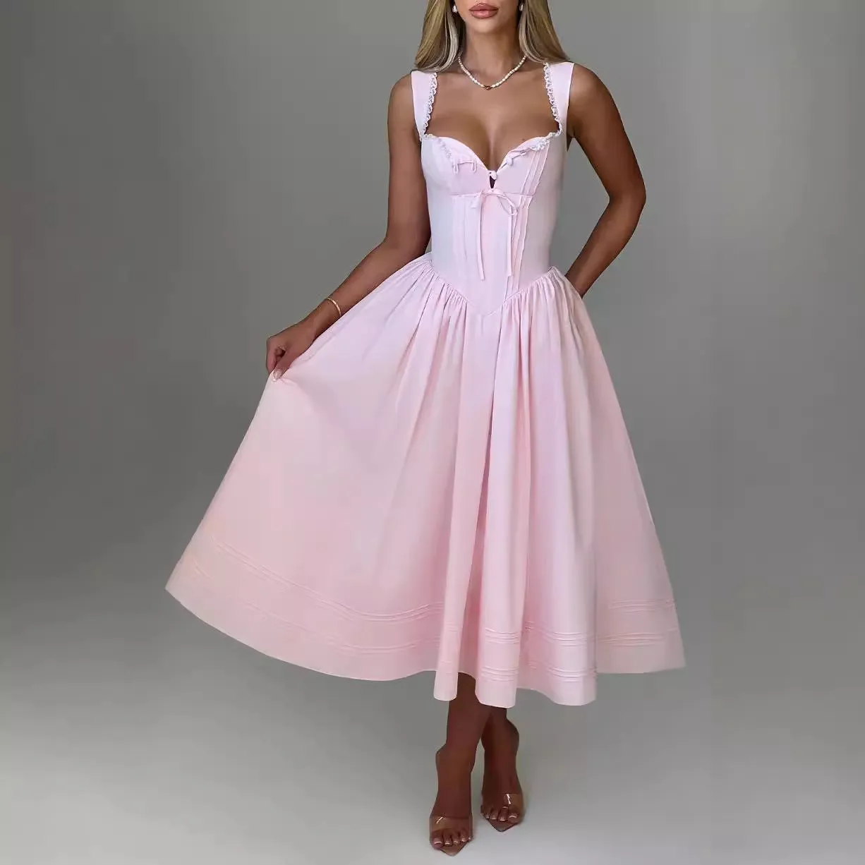 Fashion High Waist Backless Sling Solid Color Dress