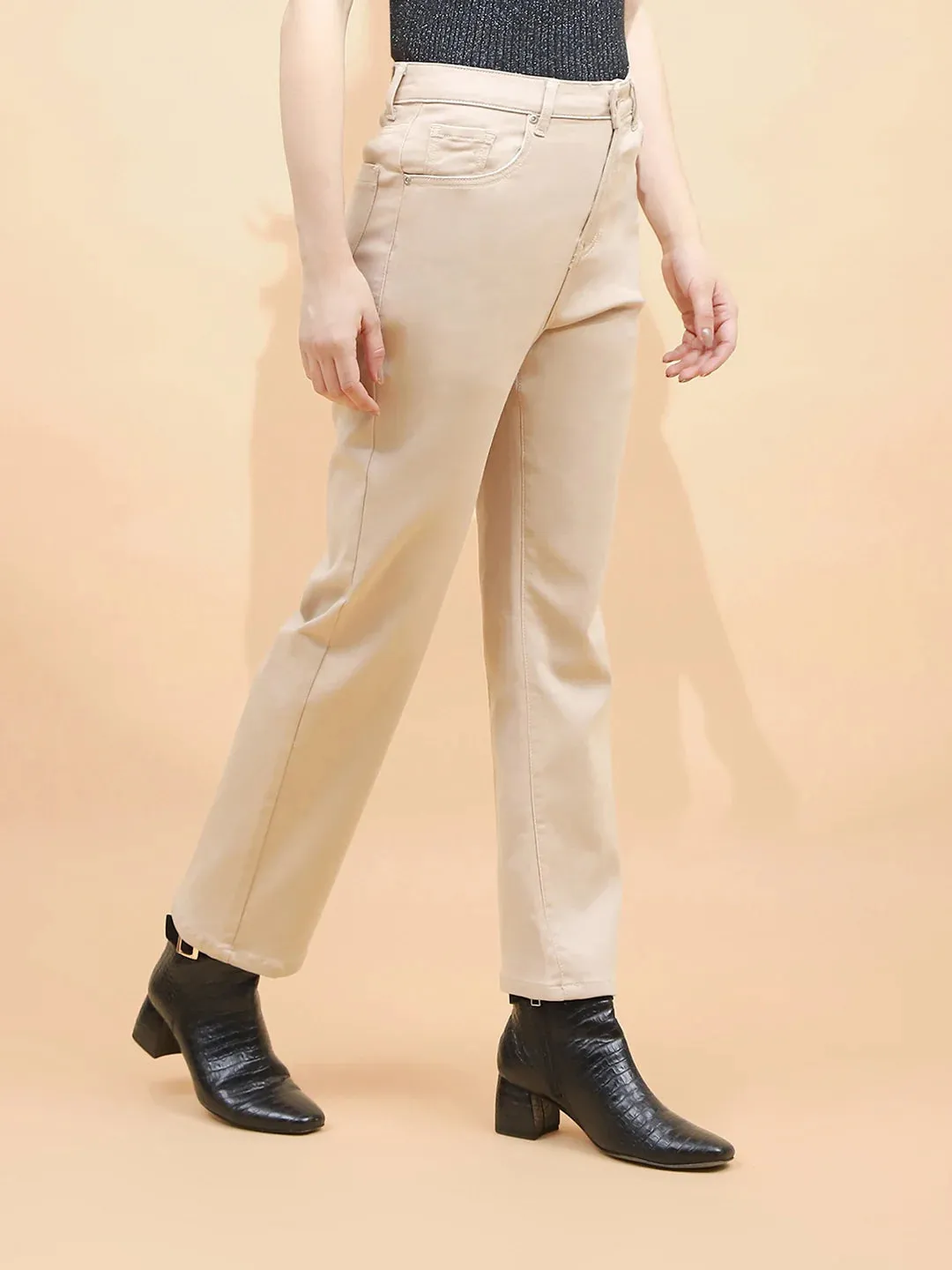 Fawn Cotton Blend Straight Fit Trouser For Women