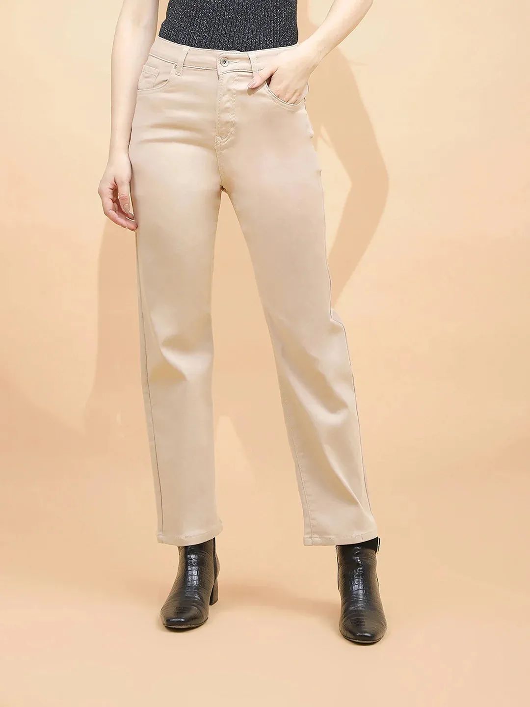 Fawn Cotton Blend Straight Fit Trouser For Women