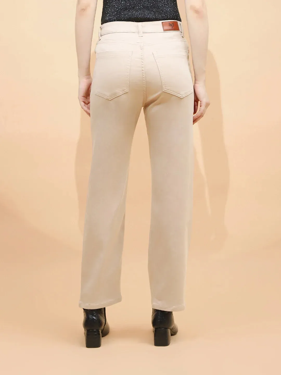 Fawn Cotton Blend Straight Fit Trouser For Women