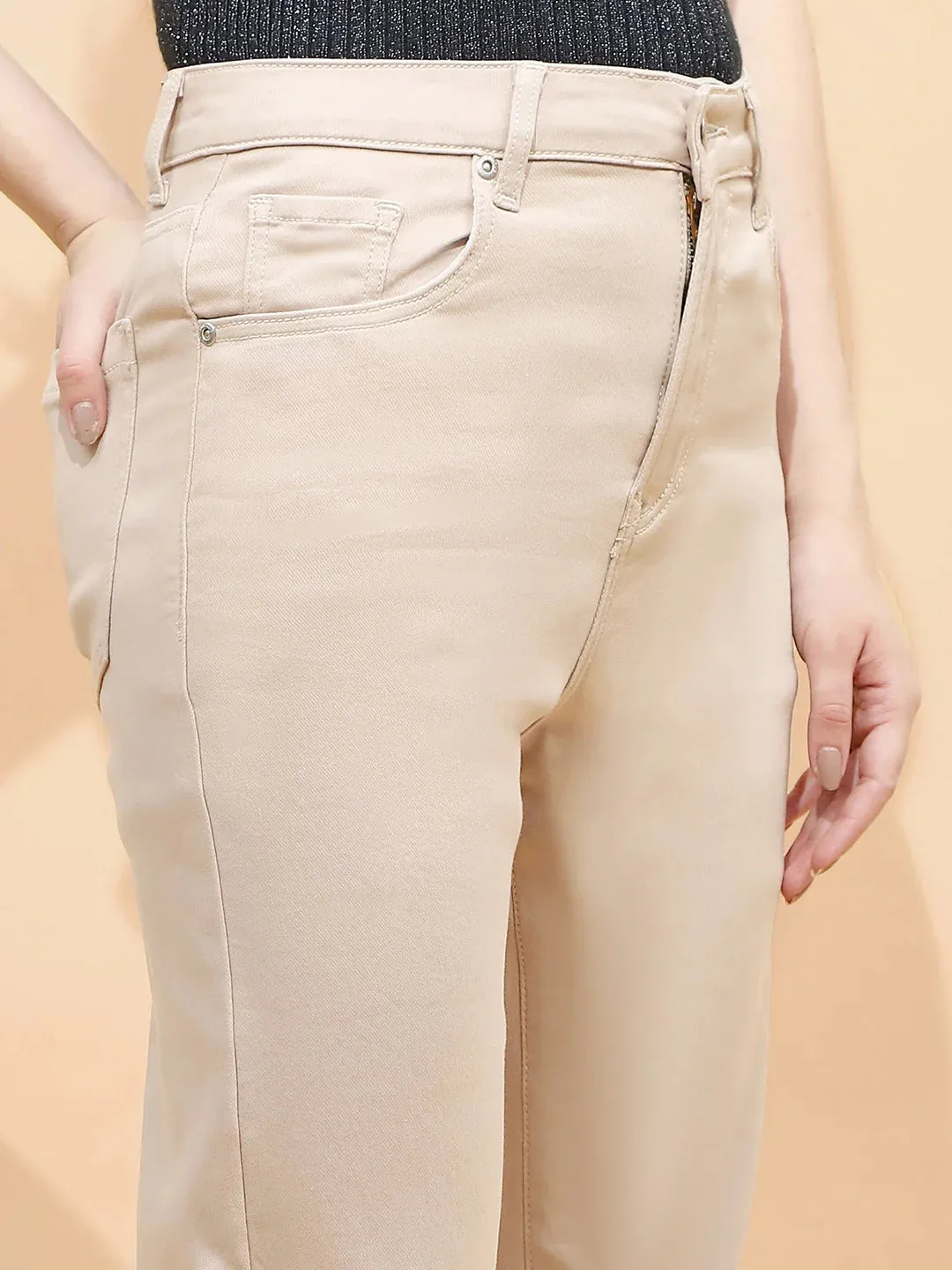 Fawn Cotton Blend Straight Fit Trouser For Women