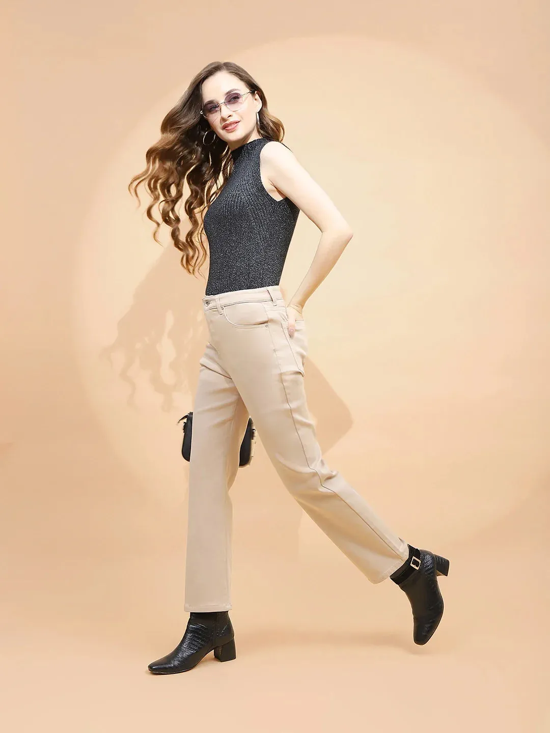 Fawn Cotton Blend Straight Fit Trouser For Women