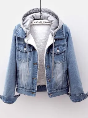 Fitshinling Fleece Warm Winter Jean Jacket Female Pockets Button Soft Hooded Warm Outerwear Fashion