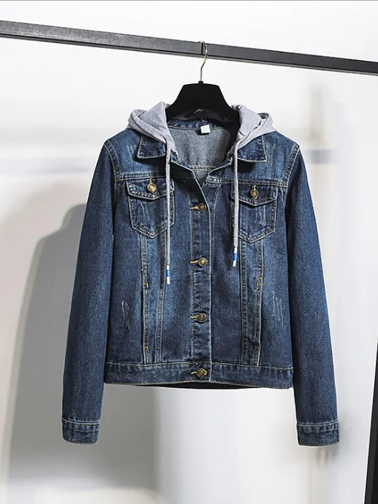 Fitshinling Fleece Warm Winter Jean Jacket Female Pockets Button Soft Hooded Warm Outerwear Fashion