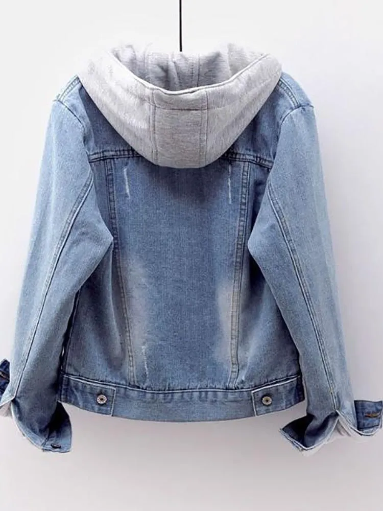 Fitshinling Fleece Warm Winter Jean Jacket Female Pockets Button Soft Hooded Warm Outerwear Fashion