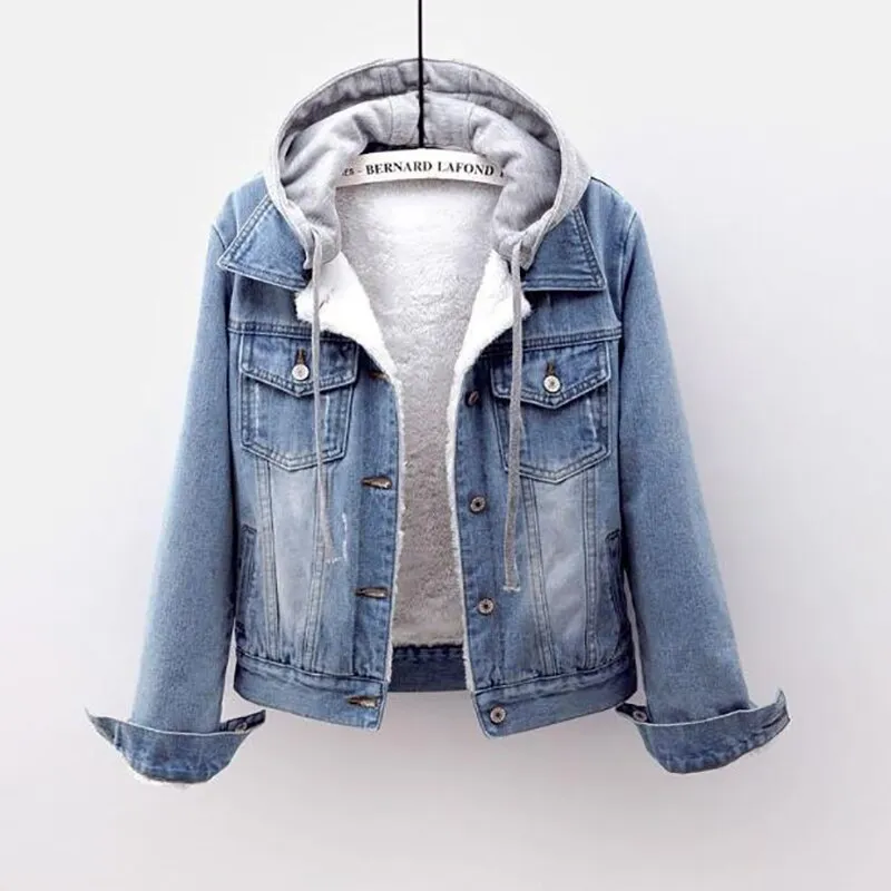 Fitshinling Fleece Warm Winter Jean Jacket Female Pockets Button Soft Hooded Warm Outerwear Fashion