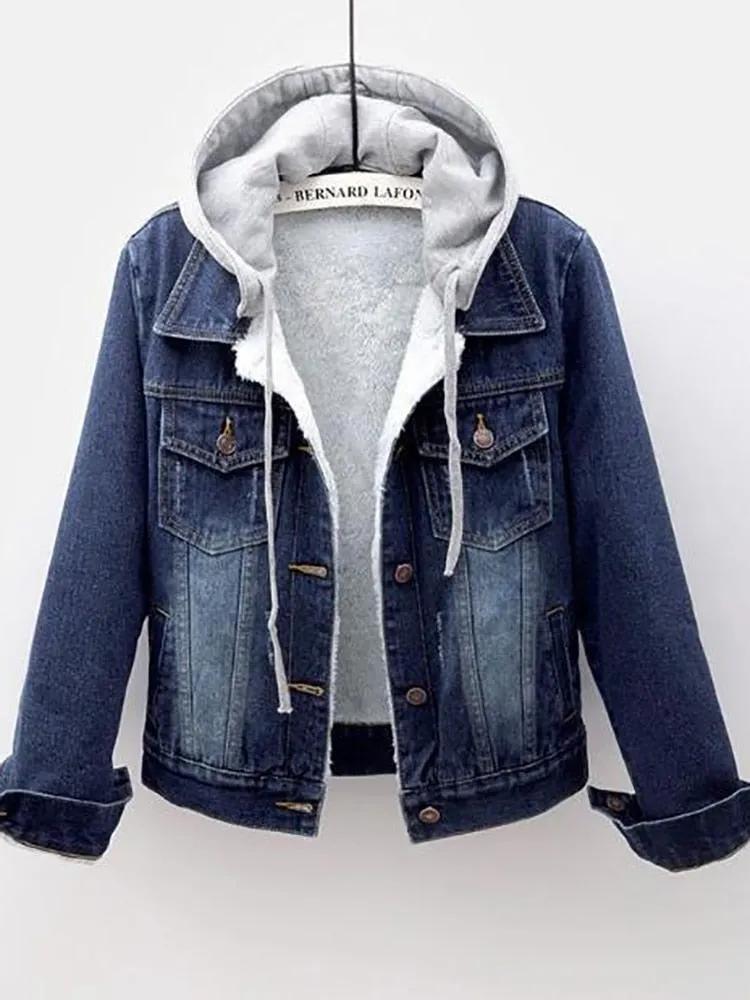 Fitshinling Fleece Warm Winter Jean Jacket Female Pockets Button Soft Hooded Warm Outerwear Fashion