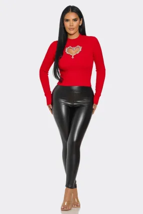 High-Waist Faux Leather Leggings black & red