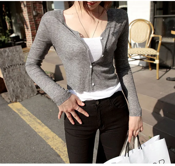 Korea Dongdaemun Women Trendy Elegant V-Neck Single-Breasted Short Cardigan Thin Sexy Tops Outerwear