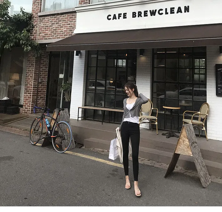 Korea Dongdaemun Women Trendy Elegant V-Neck Single-Breasted Short Cardigan Thin Sexy Tops Outerwear