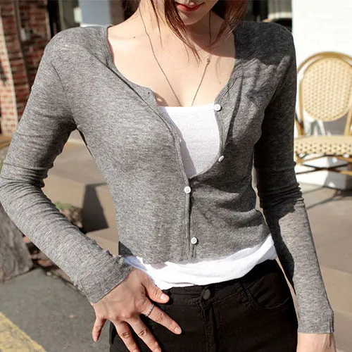 Korea Dongdaemun Women Trendy Elegant V-Neck Single-Breasted Short Cardigan Thin Sexy Tops Outerwear