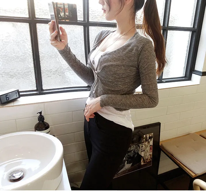 Korea Dongdaemun Women Trendy Elegant V-Neck Single-Breasted Short Cardigan Thin Sexy Tops Outerwear