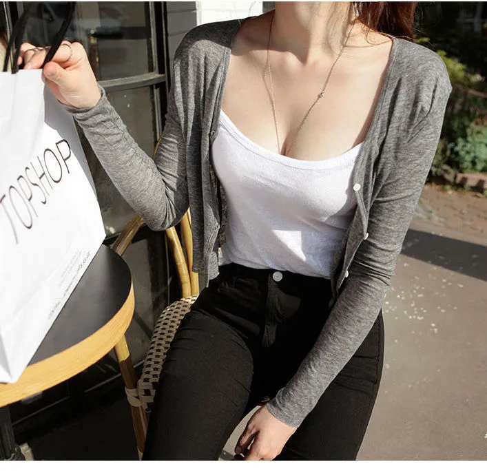 Korea Dongdaemun Women Trendy Elegant V-Neck Single-Breasted Short Cardigan Thin Sexy Tops Outerwear