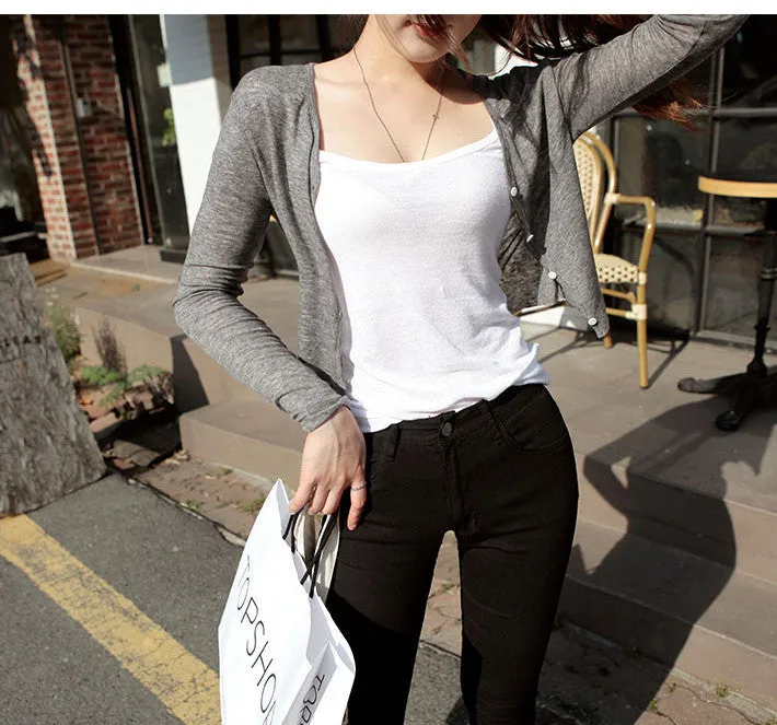 Korea Dongdaemun Women Trendy Elegant V-Neck Single-Breasted Short Cardigan Thin Sexy Tops Outerwear