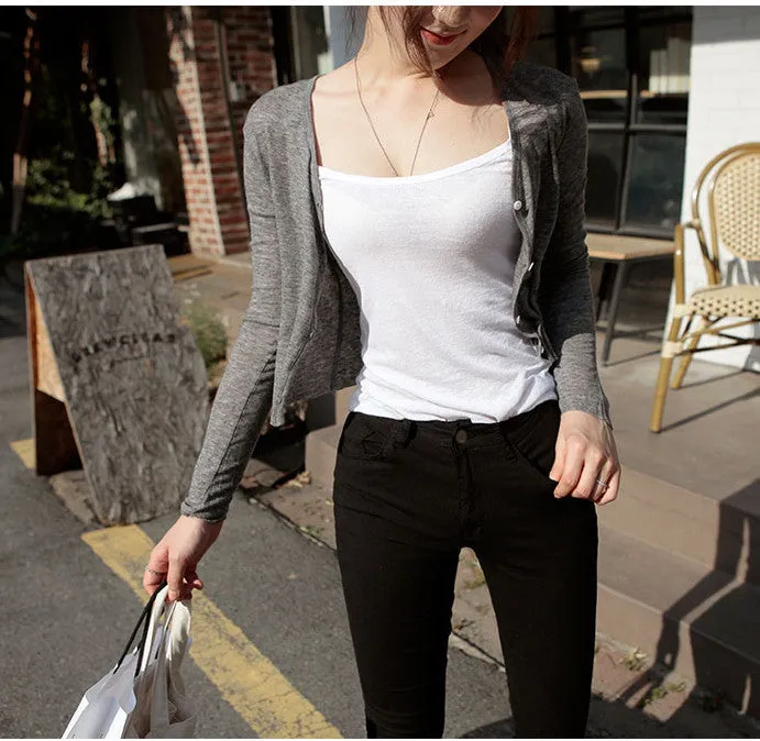 Korea Dongdaemun Women Trendy Elegant V-Neck Single-Breasted Short Cardigan Thin Sexy Tops Outerwear