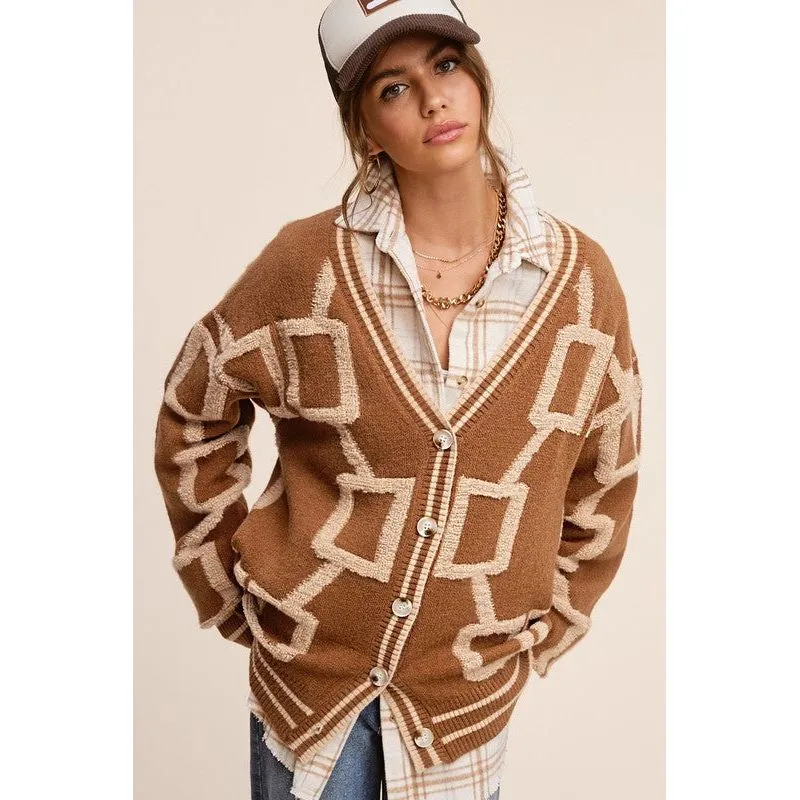 LA MIEL Women's Button-down Sweater Cardigan with Geometric Pattern - Reina Cardigan