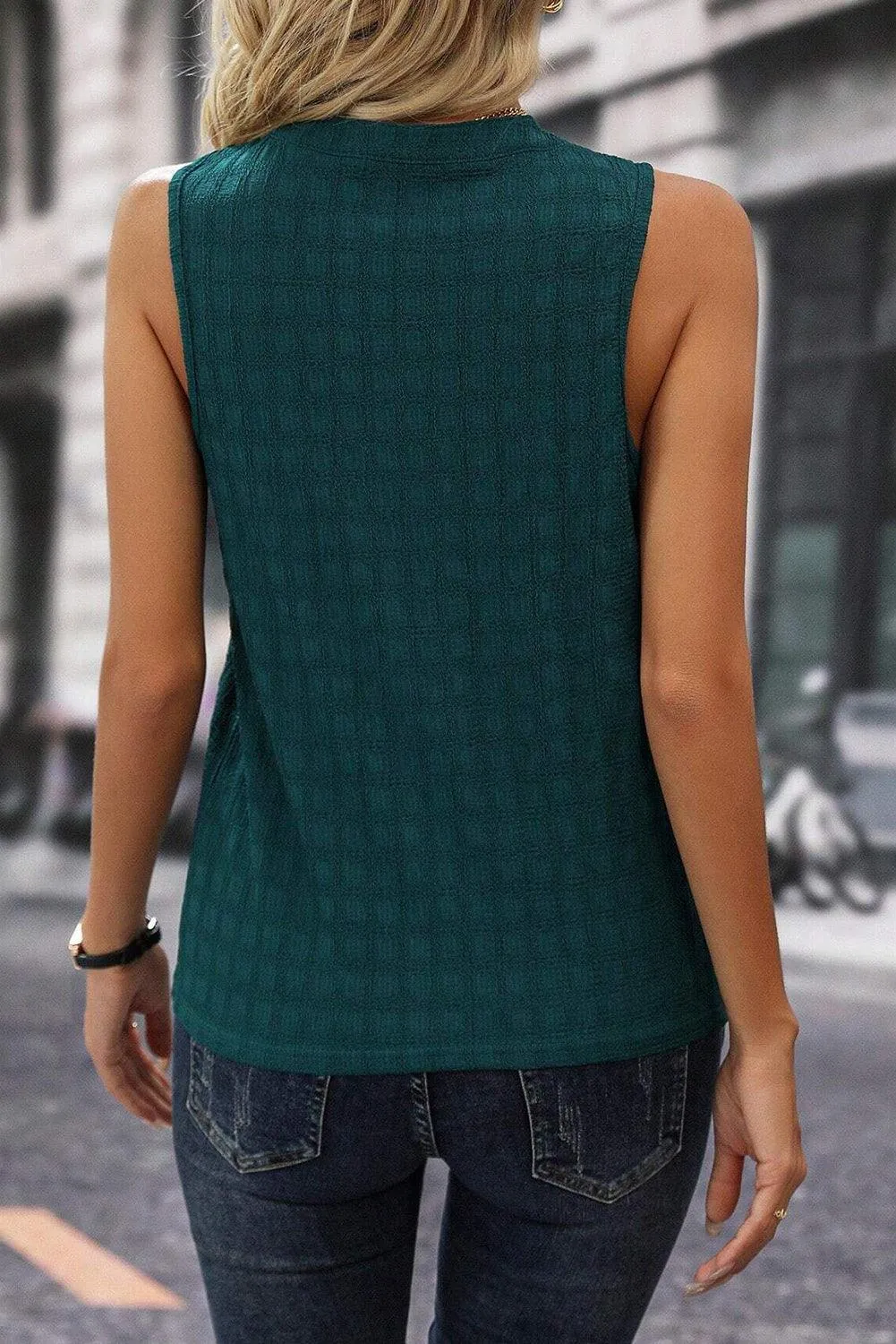 Light Beige Textured Split V Neck Sleeveless Shirt