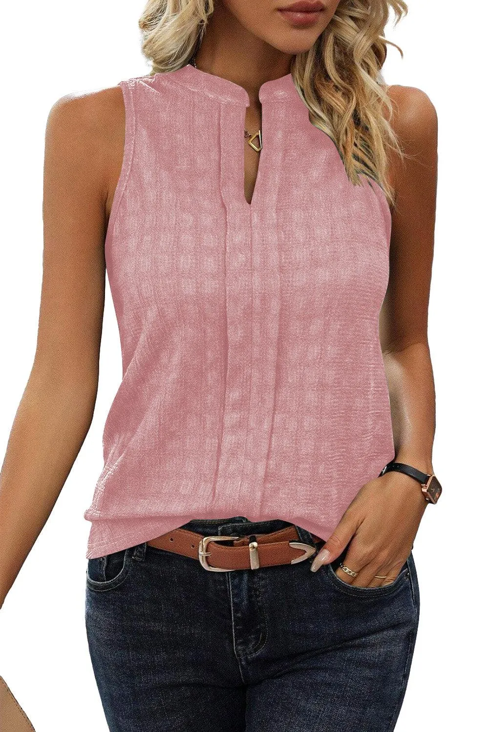 Light Beige Textured Split V Neck Sleeveless Shirt