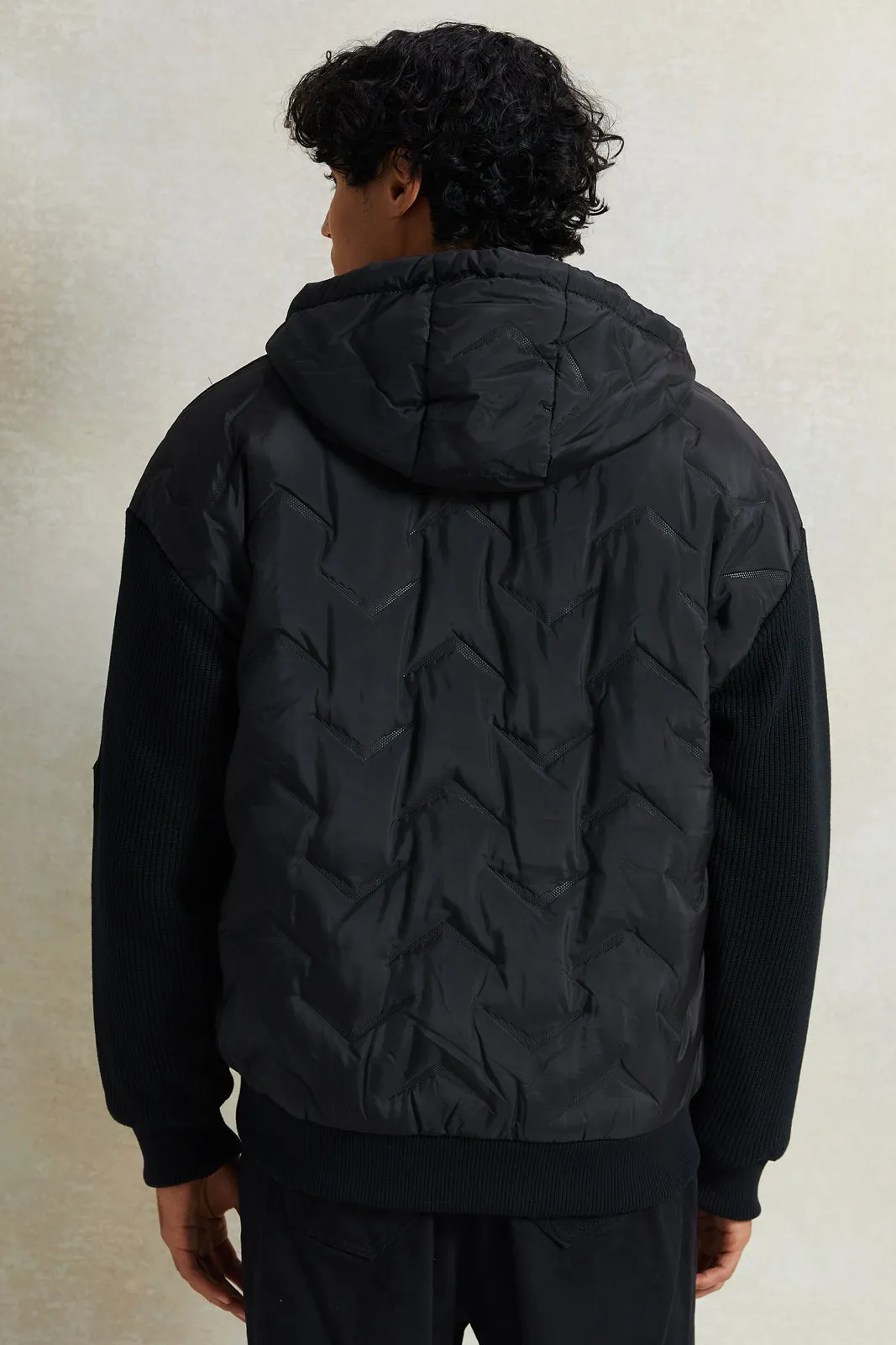 Men Black Tech Puffer Jacket With Knitted Sleeves