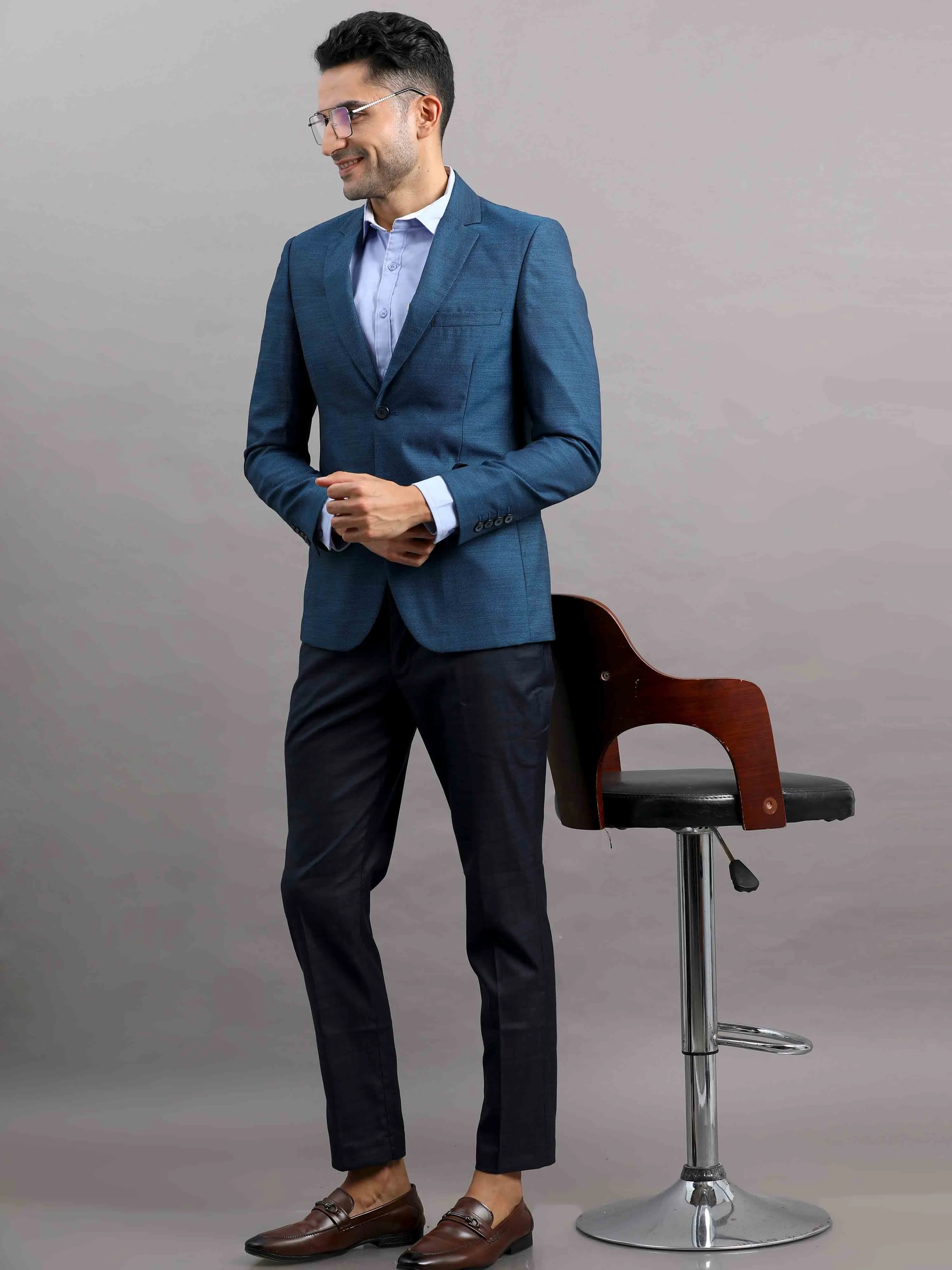 Men's Blue Slim Fit Cotton Blend Full Sleeve Plain Casual Blazer