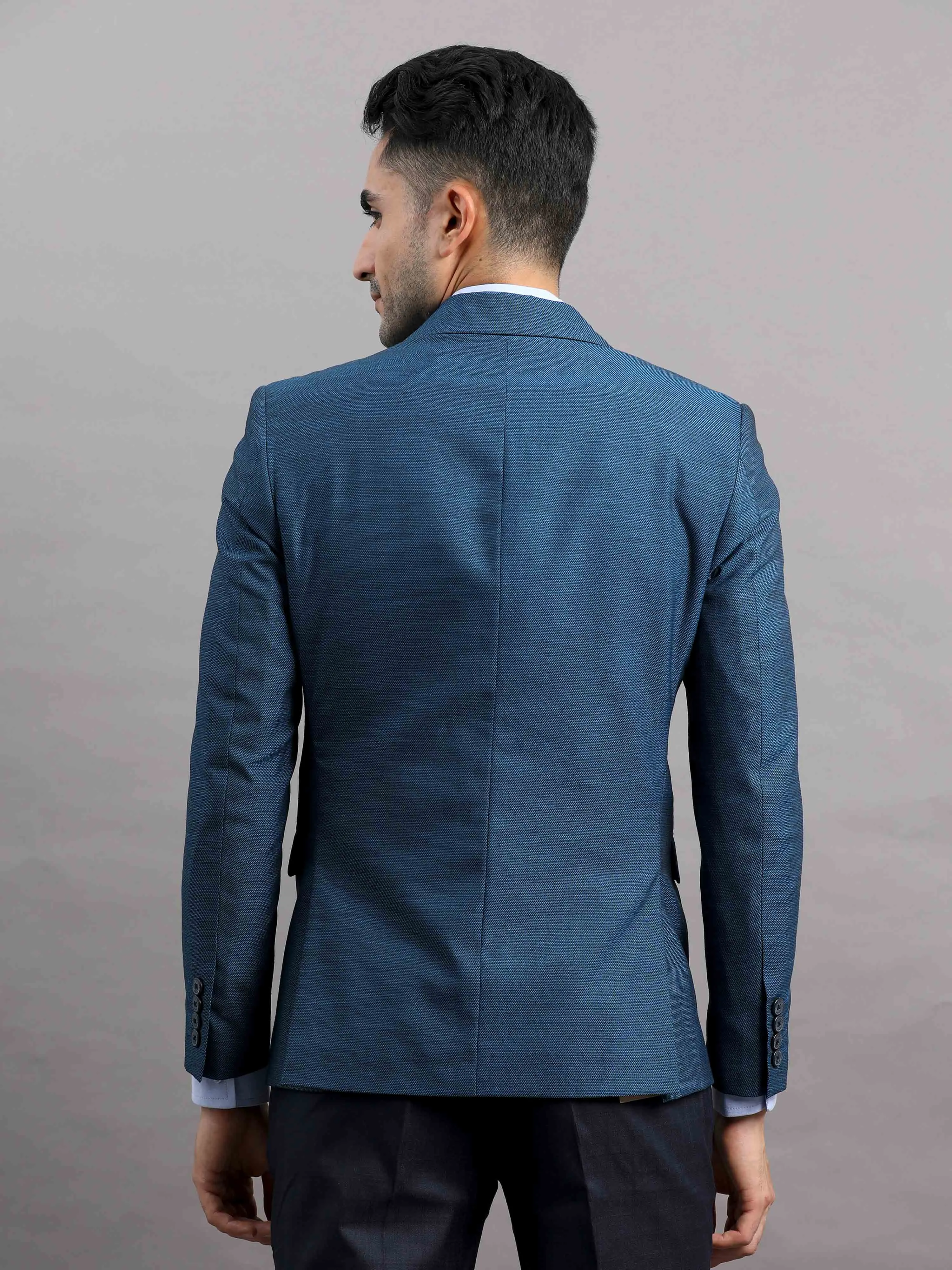 Men's Blue Slim Fit Cotton Blend Full Sleeve Plain Casual Blazer