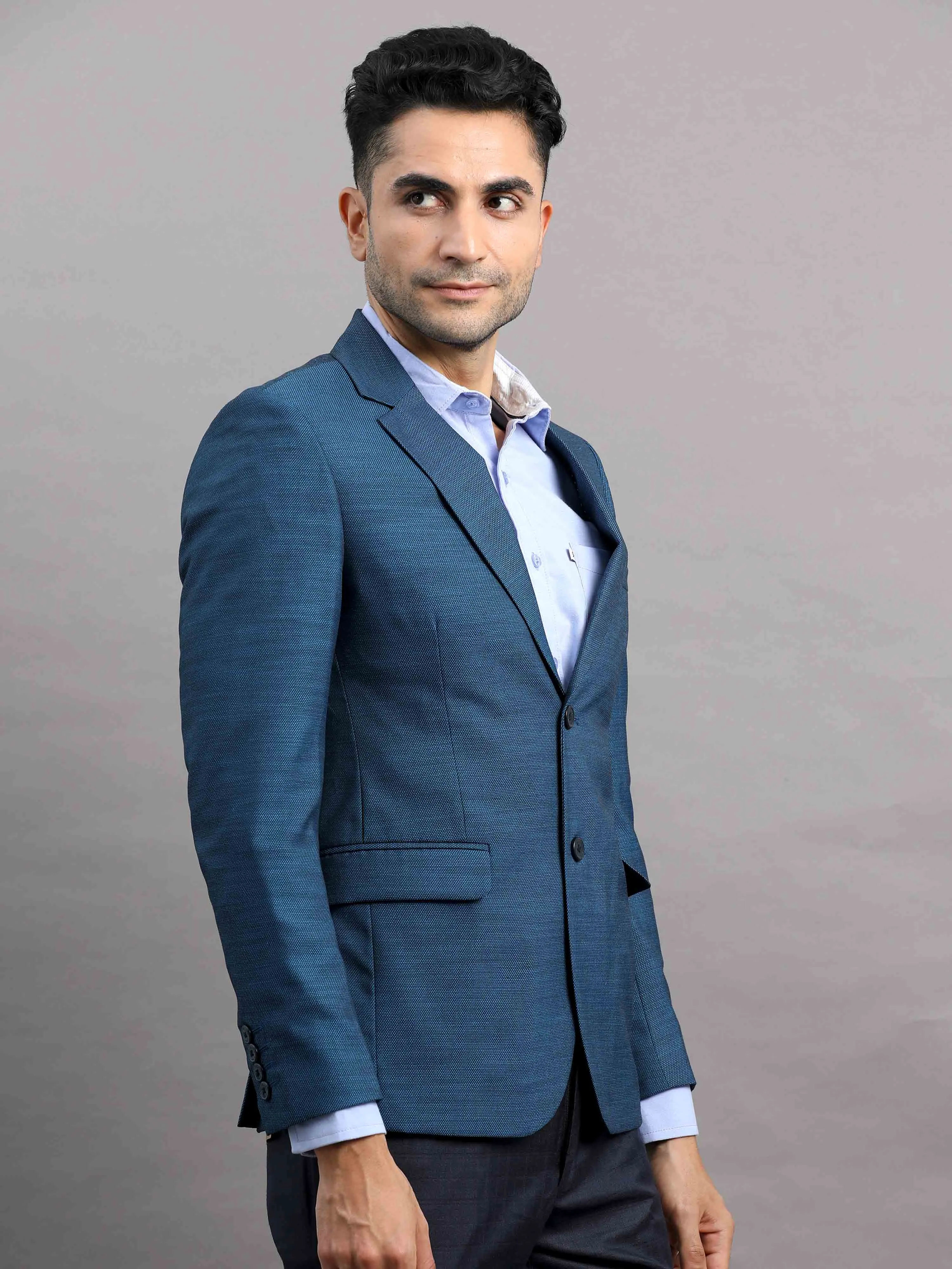 Men's Blue Slim Fit Cotton Blend Full Sleeve Plain Casual Blazer