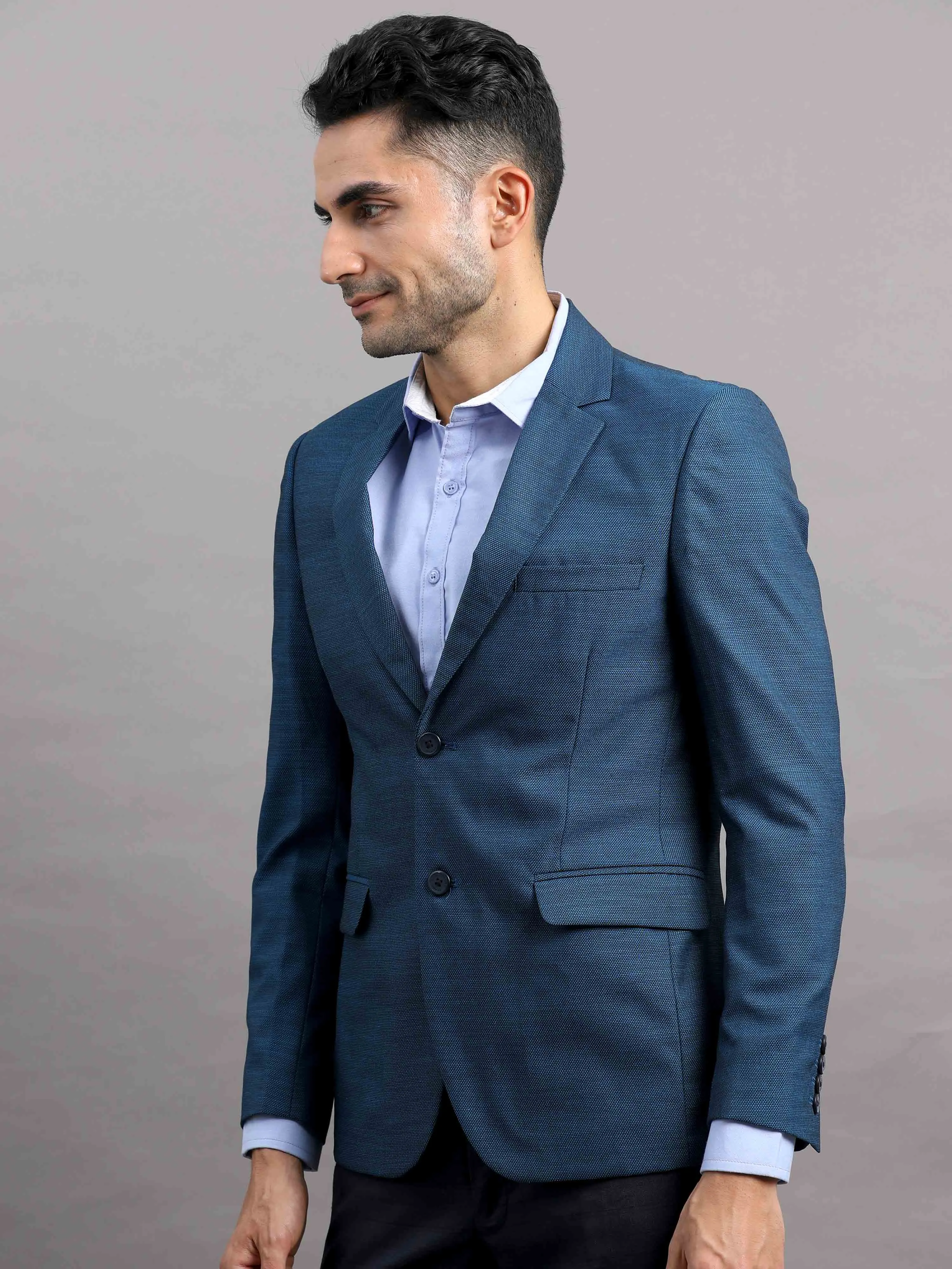 Men's Blue Slim Fit Cotton Blend Full Sleeve Plain Casual Blazer