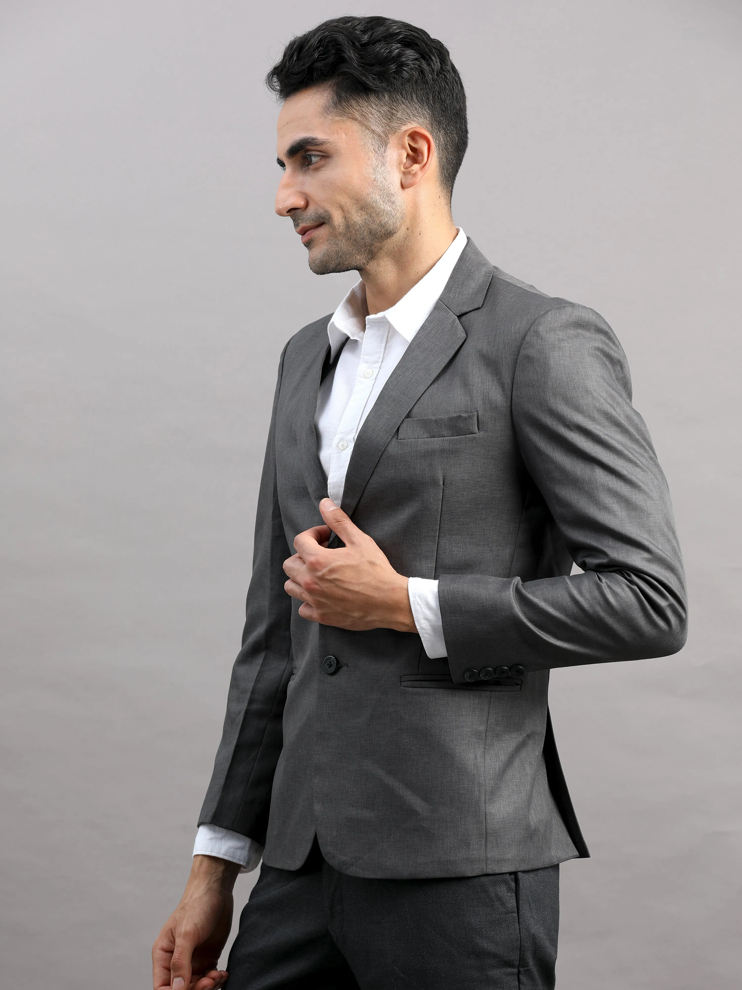 Men's Grey Slim Fit Cotton Blend Full Sleeve Solid Casual Blazer