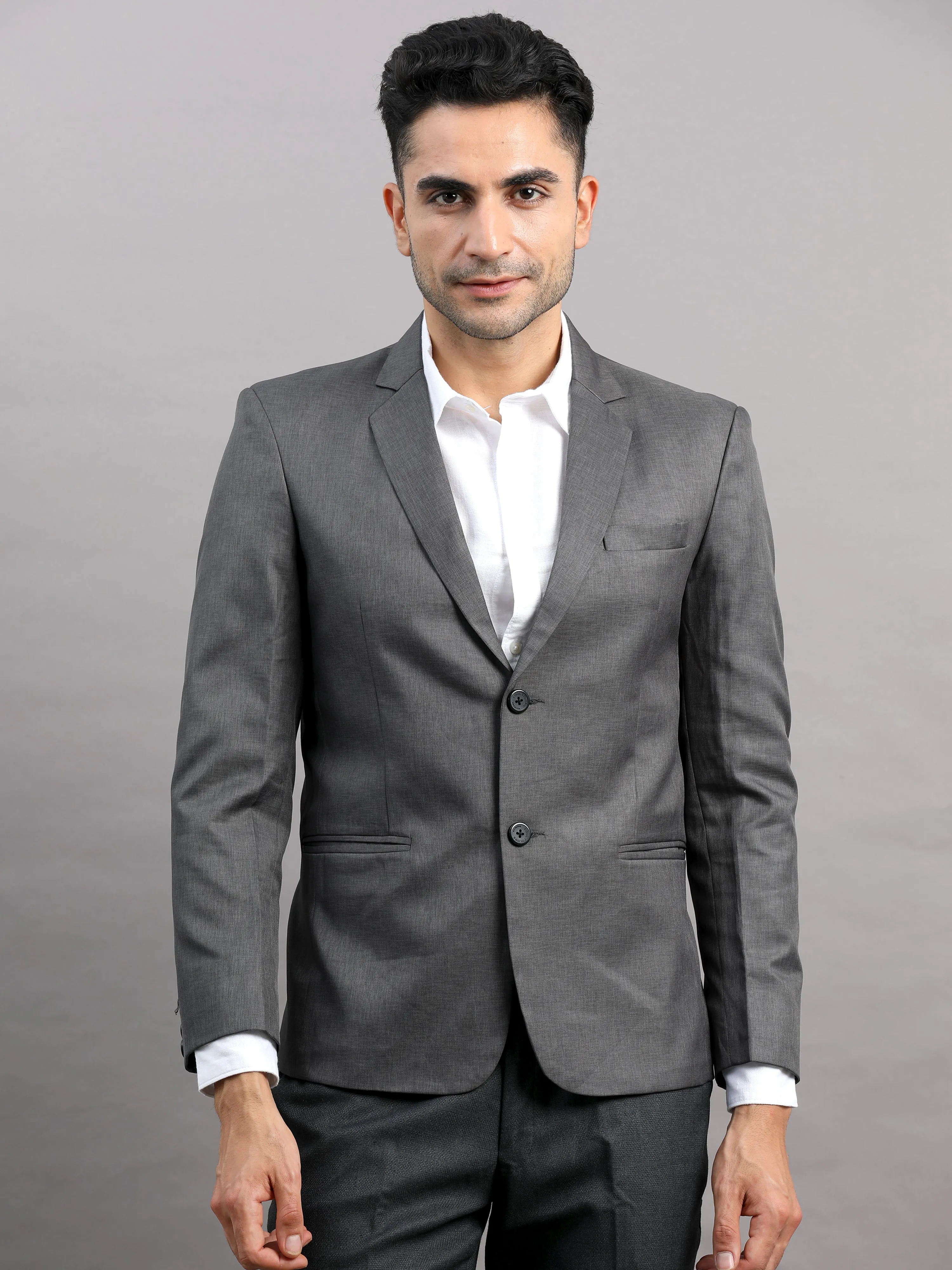 Men's Grey Slim Fit Cotton Blend Full Sleeve Solid Casual Blazer