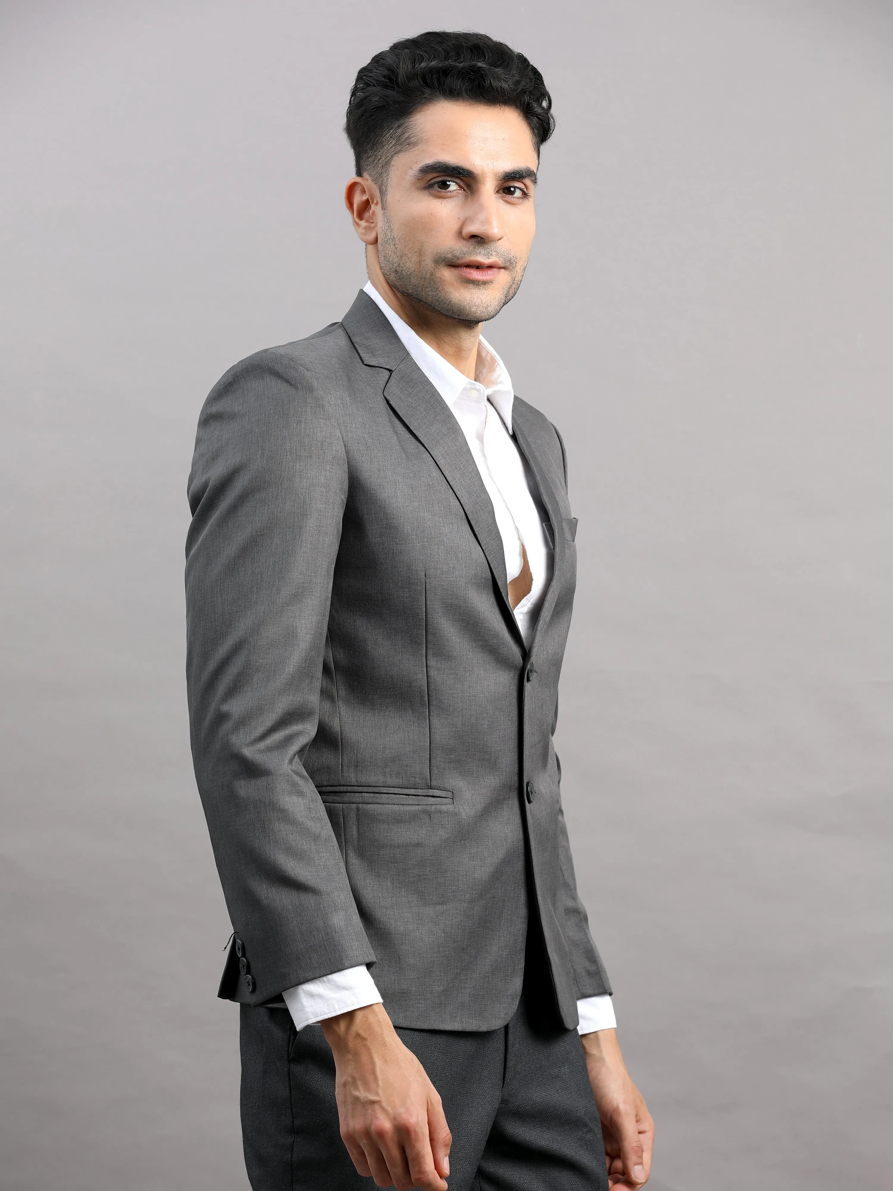 Men's Grey Slim Fit Cotton Blend Full Sleeve Solid Casual Blazer
