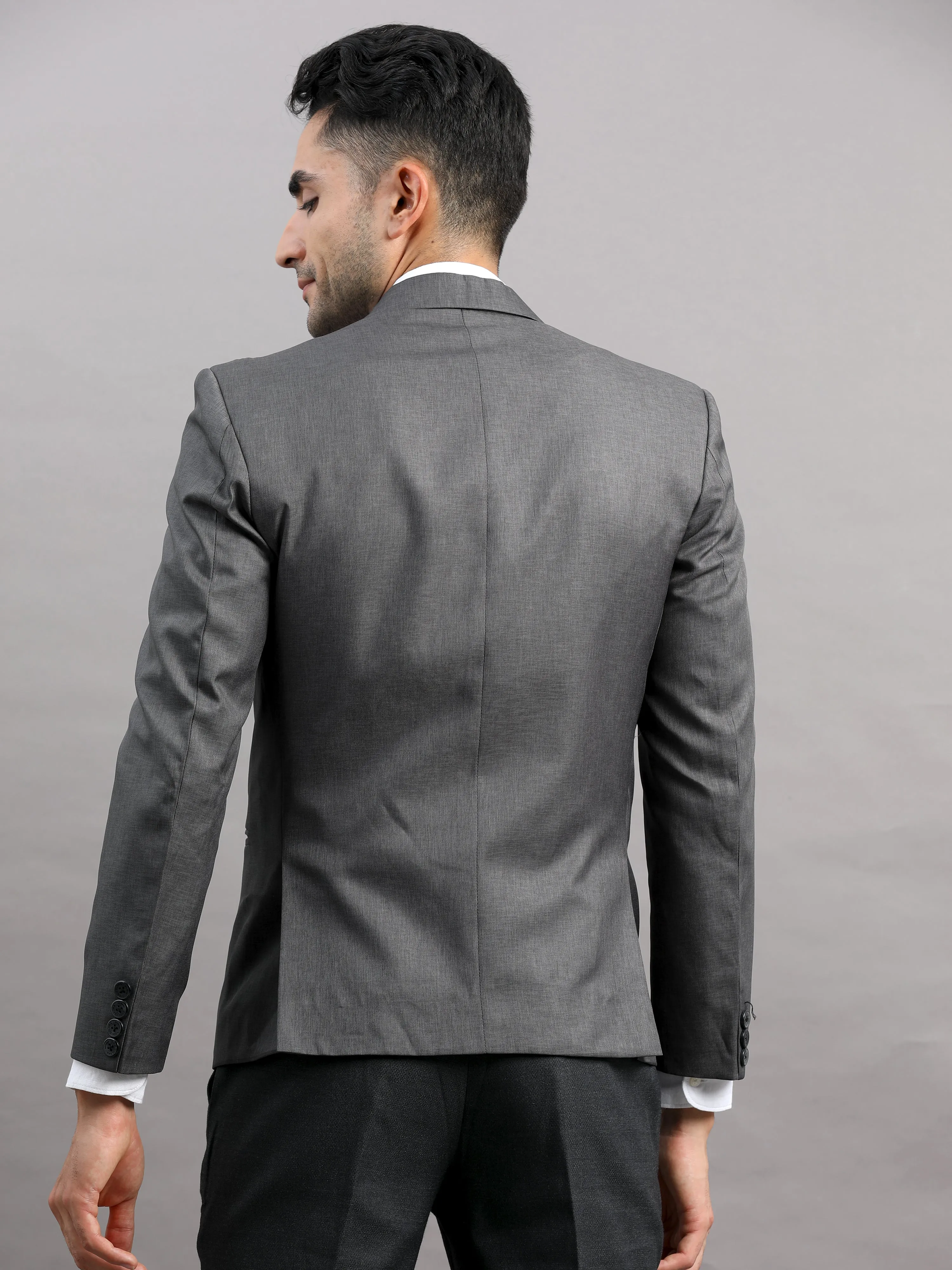 Men's Grey Slim Fit Cotton Blend Full Sleeve Solid Casual Blazer