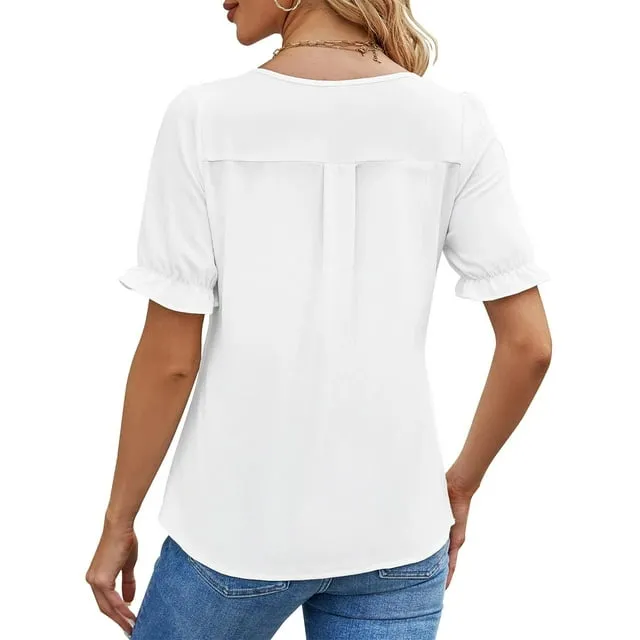MOSHU Blouses for Women Casual Chic V Neck Womens Tops Summer Dressy Chiffon Shirts