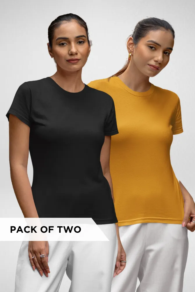 Mustard yellow and Black Plain T-shirts Combo for Women