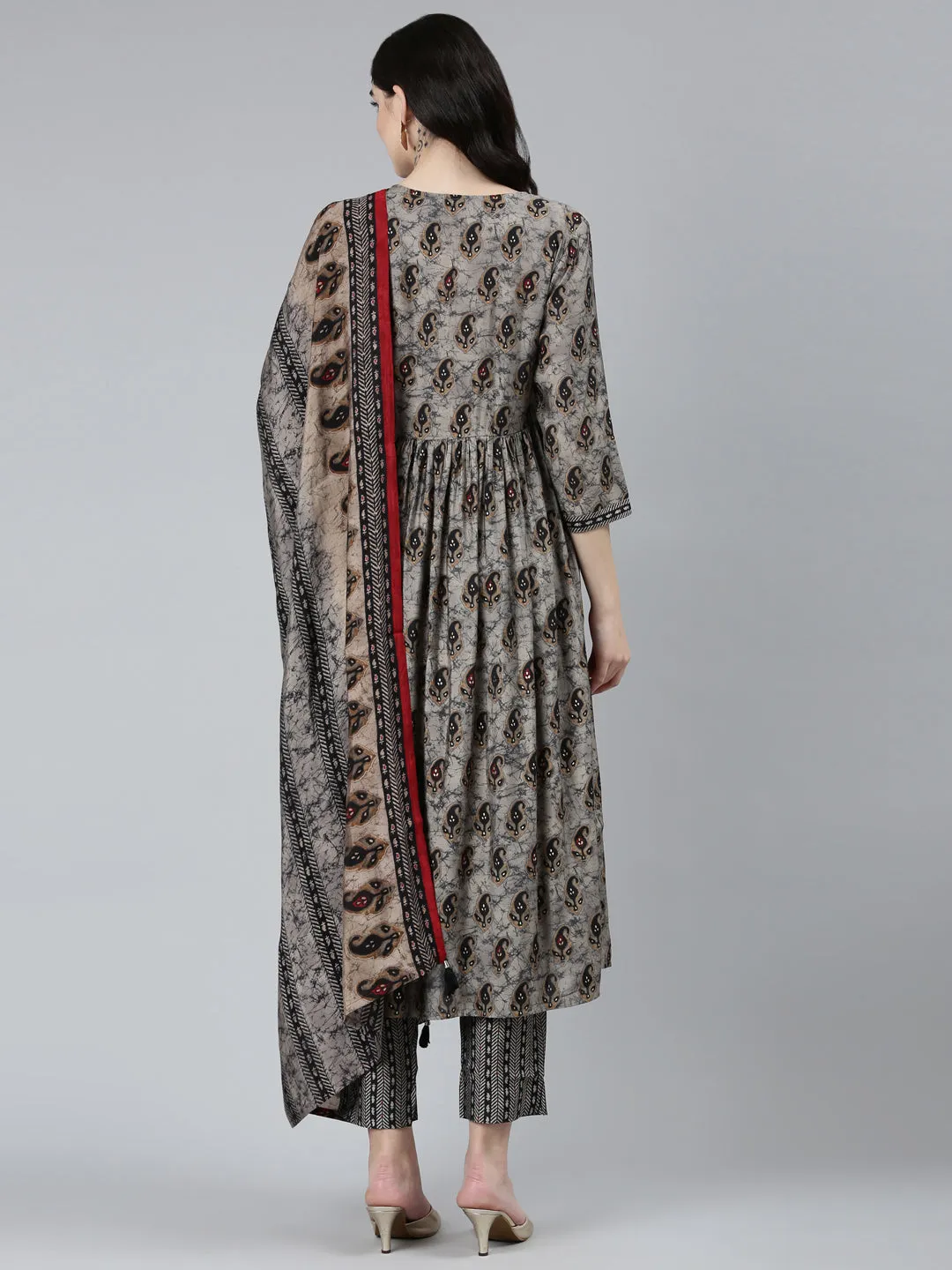 Neeru's Grey Pleated Straight Paisley Kurta Sets And Trousers With Dupatta