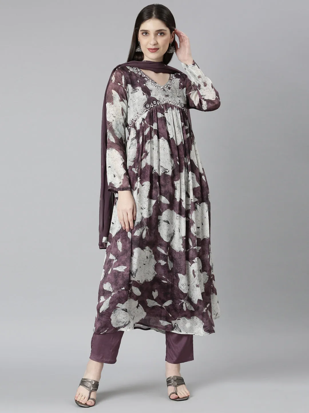 Neeru's Magenta Regular Straight Floral Kurta And Trousers With Dupatta