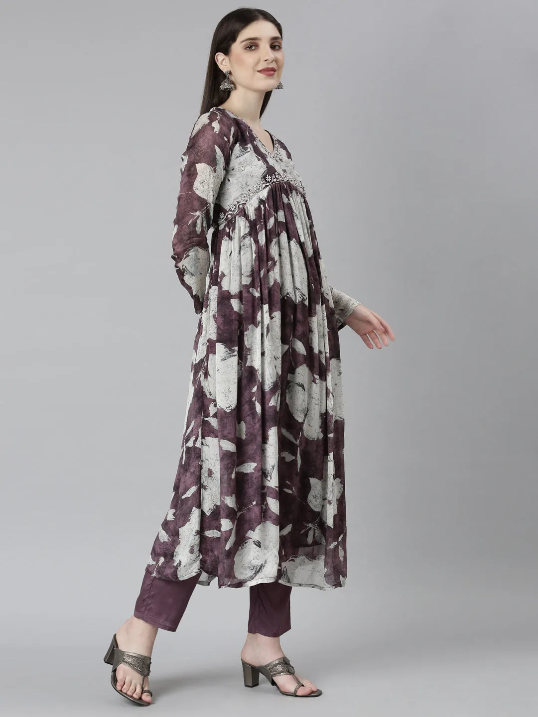 Neeru's Magenta Regular Straight Floral Kurta And Trousers With Dupatta