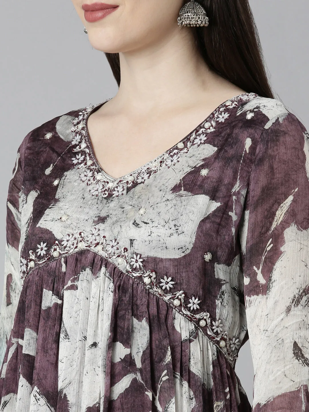 Neeru's Magenta Regular Straight Floral Kurta And Trousers With Dupatta